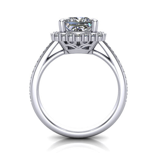 Madeleine princess vintage halo engagement ring in 14K White Gold, through-finger front profile showing the milgrain halo head raised above the pav&eacute; band