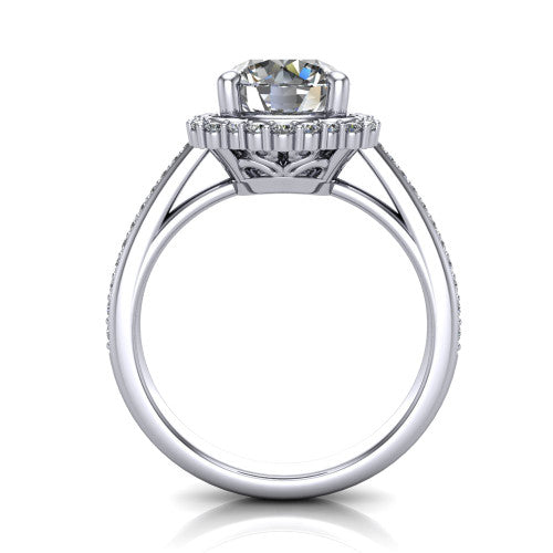 Madeleine round vintage halo engagement ring in 14K White Gold, through-finger front profile showing the milgrain halo head raised above the pav&eacute; band