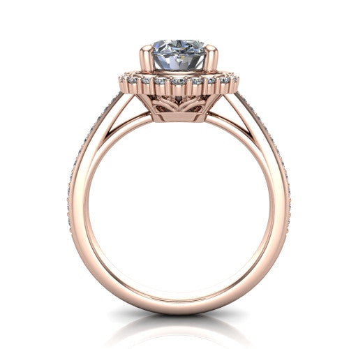 Madeleine oval vintage halo engagement ring in 18K Rose Gold, through-finger front profile showing the milgrain halo head raised above the pav&eacute; band