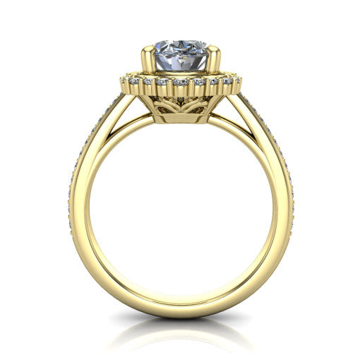 Madeleine oval vintage halo engagement ring in 14K Yellow Gold, through-finger front profile showing the milgrain halo head raised above the pav&eacute; band