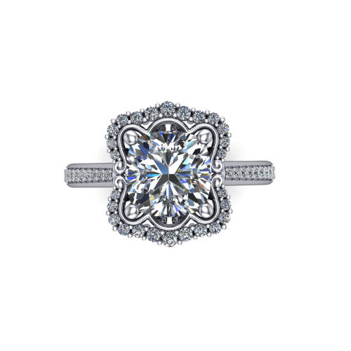 Madeleine cushion vintage halo engagement ring in Platinum, top-down view showing the vintage halo framing the center from above