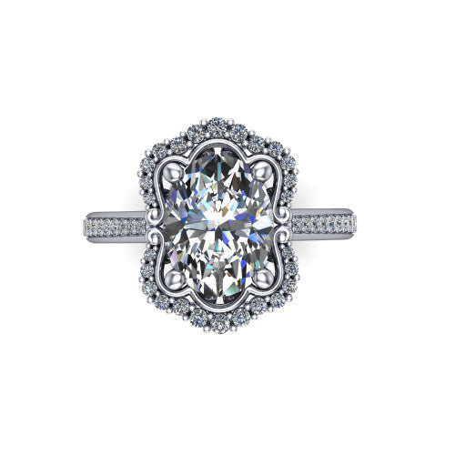 Madeleine oval vintage halo engagement ring in 18K White Gold, top-down view showing the vintage halo framing the center from above