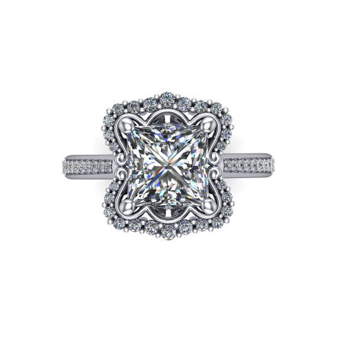 Madeleine princess vintage halo engagement ring in Platinum, top-down view showing the vintage halo framing the center from above