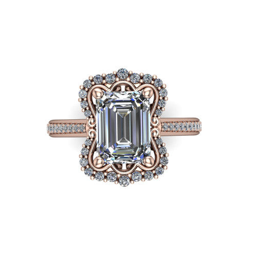Madeleine emerald vintage halo engagement ring in 14K Rose Gold, top-down view showing the vintage halo framing the center from above