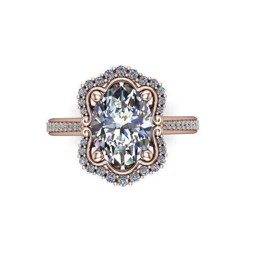 Madeleine oval vintage halo engagement ring in 14K Rose Gold, top-down view showing the vintage halo framing the center from above