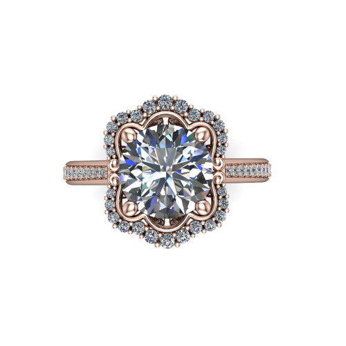 Madeleine round vintage halo engagement ring in 18K Rose Gold, top-down view showing the vintage halo framing the center from above