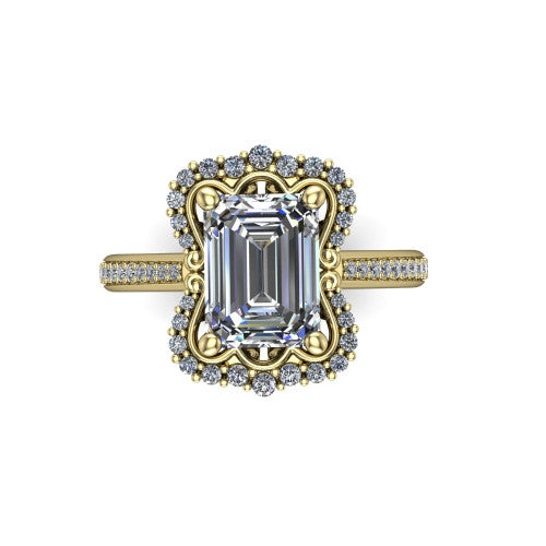 Madeleine emerald vintage halo engagement ring in 14K Yellow Gold, top-down view showing the vintage halo framing the center from above