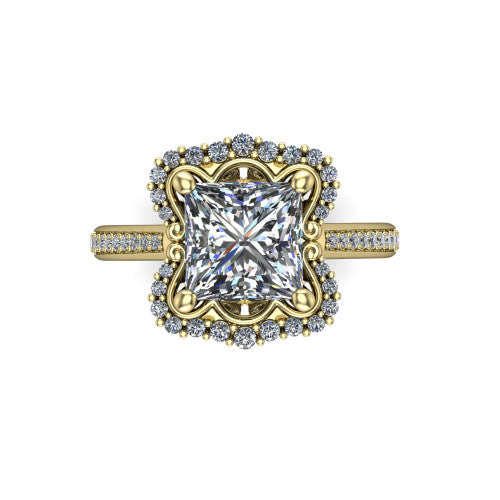 Madeleine princess vintage halo engagement ring in 14K Yellow Gold, top-down view showing the vintage halo framing the center from above