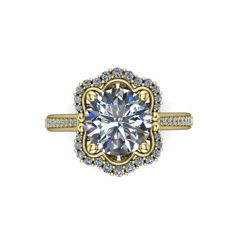 Madeleine round vintage halo engagement ring in 18K Yellow Gold, top-down view showing the vintage halo framing the center from above