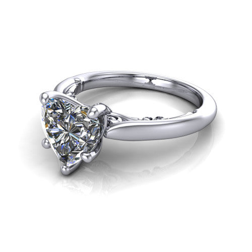 Lune heart classic solitaire engagement ring in 14K White Gold, three-quarter perspective showing the four-prong center above a plain band with a filigree gallery
