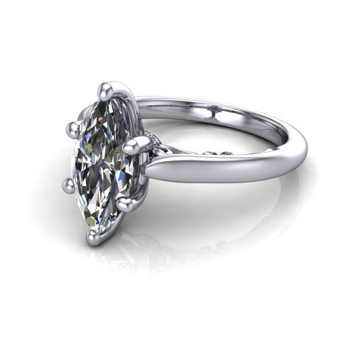 Lune marquise classic solitaire engagement ring in 18K White Gold, three-quarter perspective showing the four-prong center above a plain band with a filigree gallery