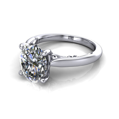 Lune oval classic solitaire engagement ring in 14K White Gold, three-quarter perspective showing the four-prong center above a plain band with a filigree gallery
