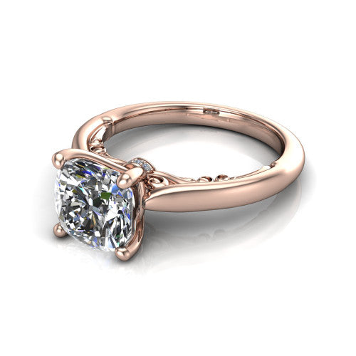 Lune cushion classic solitaire engagement ring in 18K Rose Gold, three-quarter perspective showing the four-prong center above a plain band with a filigree gallery