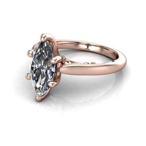 Lune marquise classic solitaire engagement ring in 14K Rose Gold, three-quarter perspective showing the four-prong center above a plain band with a filigree gallery