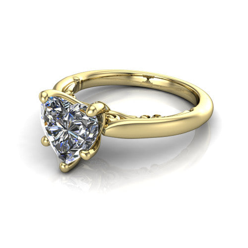 Lune heart classic solitaire engagement ring in 14K Yellow Gold, three-quarter perspective showing the four-prong center above a plain band with a filigree gallery