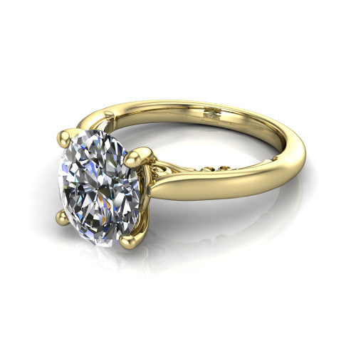 Lune oval classic solitaire engagement ring in 18K Yellow Gold, three-quarter perspective showing the four-prong center above a plain band with a filigree gallery