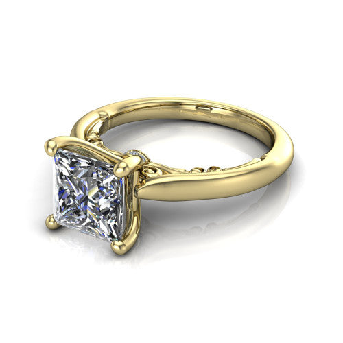 Lune princess classic solitaire engagement ring in 18K Yellow Gold, three-quarter perspective showing the four-prong center above a plain band with a filigree gallery