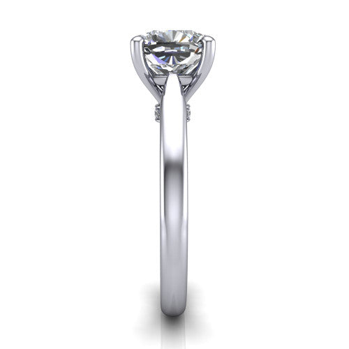 Lune cushion classic solitaire engagement ring in Platinum, side profile showing the plain polished band and the filigree gallery in profile