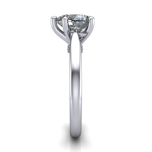 Lune heart classic solitaire engagement ring in Platinum, side profile showing the plain polished band and the filigree gallery in profile