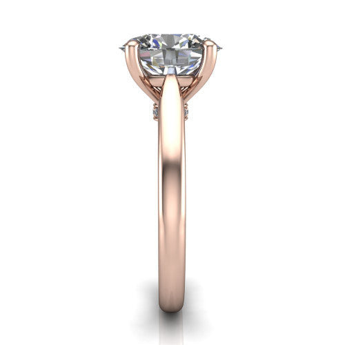 Lune oval classic solitaire engagement ring in 14K Rose Gold, side profile showing the plain polished band and the filigree gallery in profile