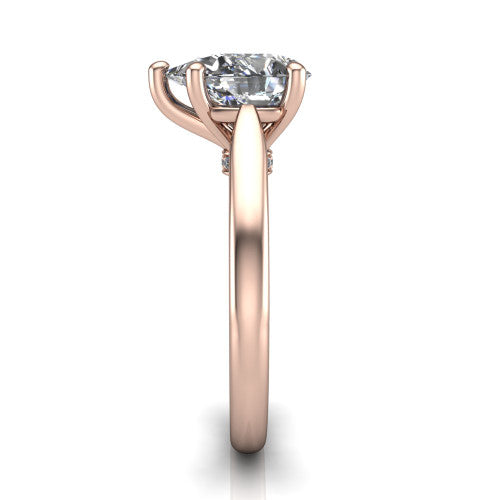 Lune pear classic solitaire engagement ring in 18K Rose Gold, side profile showing the plain polished band and the filigree gallery in profile