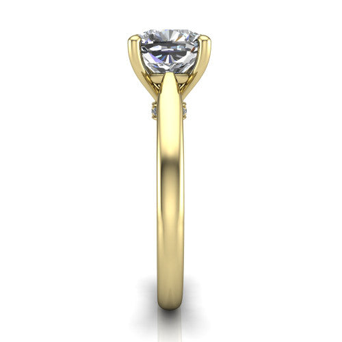 Lune cushion classic solitaire engagement ring in 18K Yellow Gold, side profile showing the plain polished band and the filigree gallery in profile