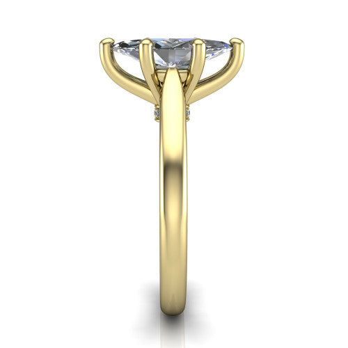 Lune marquise classic solitaire engagement ring in 14K Yellow Gold, side profile showing the plain polished band and the filigree gallery in profile