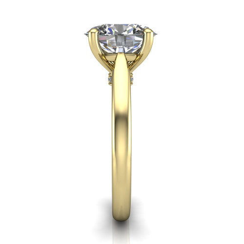 Lune oval classic solitaire engagement ring in 18K Yellow Gold, side profile showing the plain polished band and the filigree gallery in profile