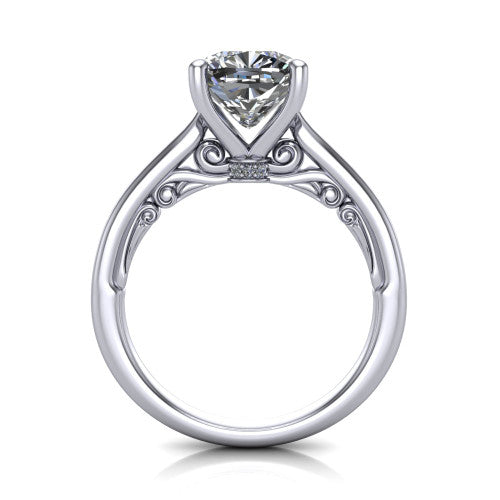 Lune cushion classic solitaire engagement ring in Platinum, through-finger front profile showing the filigree scroll gallery beneath the center
