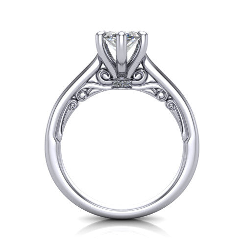 Lune marquise classic solitaire engagement ring in Platinum, through-finger front profile showing the filigree scroll gallery beneath the center