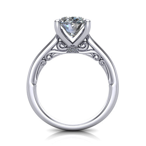 Lune oval classic solitaire engagement ring in 18K White Gold, through-finger front profile showing the filigree scroll gallery beneath the center