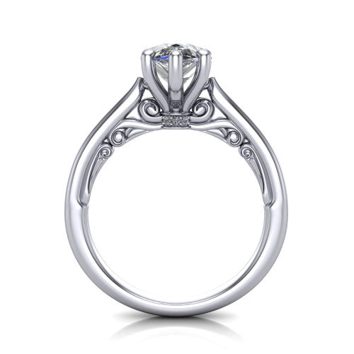 Lune pear classic solitaire engagement ring in Platinum, through-finger front profile showing the filigree scroll gallery beneath the center