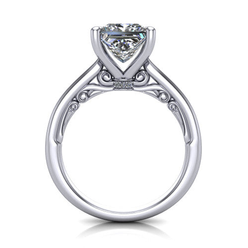 Lune princess classic solitaire engagement ring in 14K White Gold, through-finger front profile showing the filigree scroll gallery beneath the center