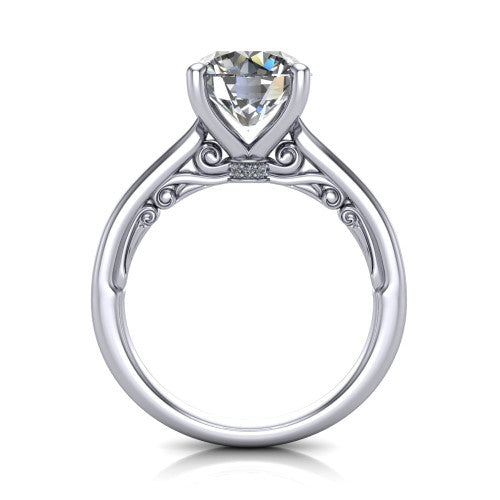 Lune round classic solitaire engagement ring in 14K White Gold, side profile showing the plain polished band and the filigree gallery in profile