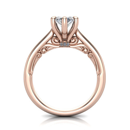 Lune marquise classic solitaire engagement ring in 18K Rose Gold, through-finger front profile showing the filigree scroll gallery beneath the center
