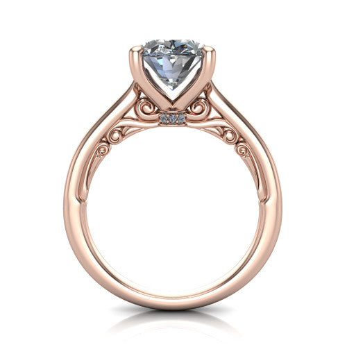 Lune oval classic solitaire engagement ring in 18K Rose Gold, through-finger front profile showing the filigree scroll gallery beneath the center