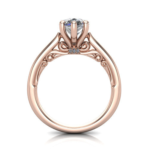 Lune pear classic solitaire engagement ring in 18K Rose Gold, through-finger front profile showing the filigree scroll gallery beneath the center
