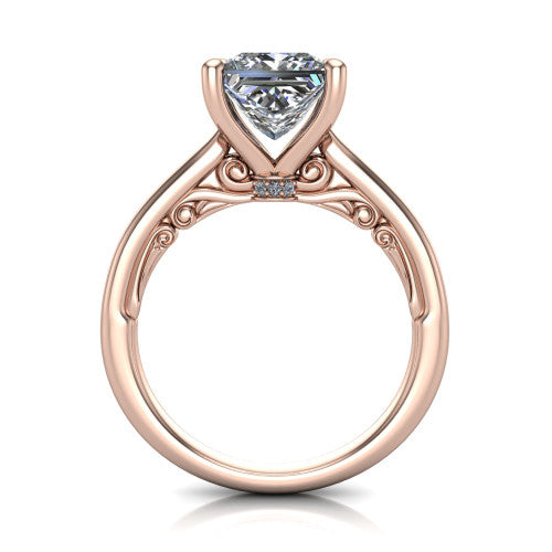 Lune princess classic solitaire engagement ring in 14K Rose Gold, through-finger front profile showing the filigree scroll gallery beneath the center