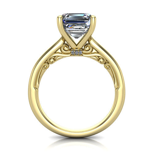 Lune square emerald classic solitaire engagement ring in 18K Yellow Gold, through-finger front profile showing the filigree scroll gallery beneath the center