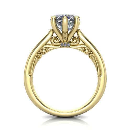 Lune heart classic solitaire engagement ring in 18K Yellow Gold, through-finger front profile showing the filigree scroll gallery beneath the center