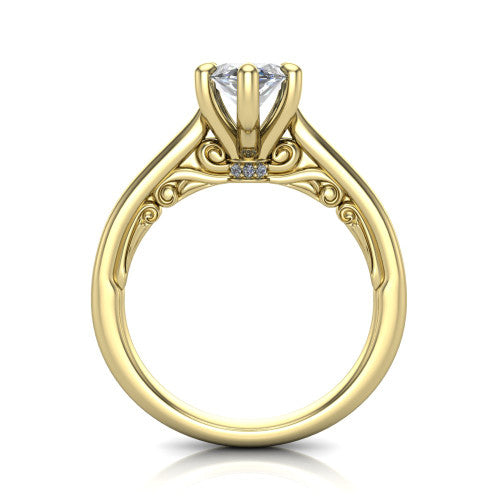 Lune marquise classic solitaire engagement ring in 14K Yellow Gold, through-finger front profile showing the filigree scroll gallery beneath the center