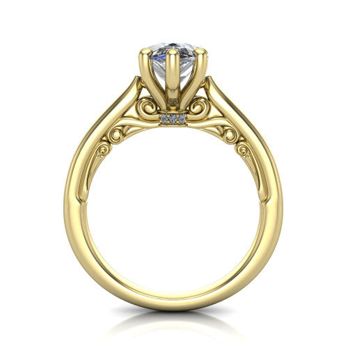 Lune pear classic solitaire engagement ring in 14K Yellow Gold, top-down view showing the center stone and the smooth band from above