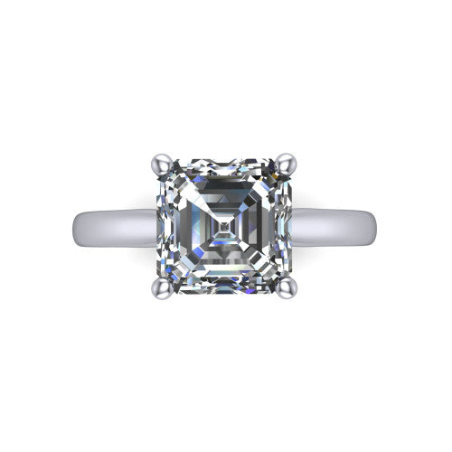 Lune square emerald classic solitaire engagement ring in 18K White Gold, top-down view showing the center stone and the smooth band from above