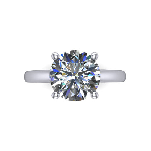 Lune round classic solitaire engagement ring in Platinum, through-finger front profile showing the filigree scroll gallery beneath the center