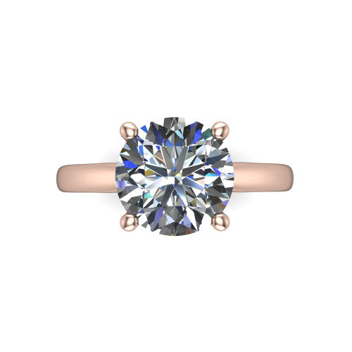 Lune round classic solitaire engagement ring in 14K Rose Gold, through-finger front profile showing the filigree scroll gallery beneath the center