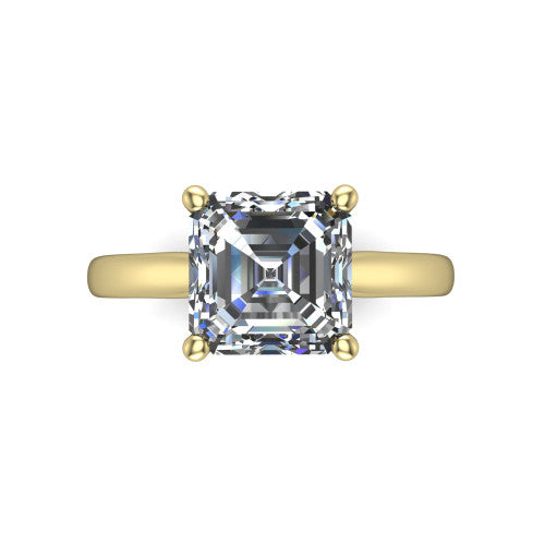 Lune square emerald classic solitaire engagement ring in 18K Yellow Gold, top-down view showing the center stone and the smooth band from above