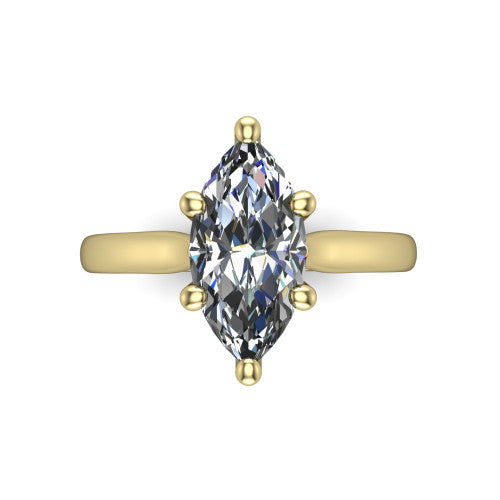 Lune marquise classic solitaire engagement ring in 14K Yellow Gold, top-down view showing the center stone and the smooth band from above