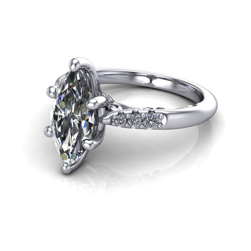 Jinnie marquise classic engagement ring in Platinum, three-quarter perspective showing the four-prong center above pav&eacute; shoulders with a filigree gallery