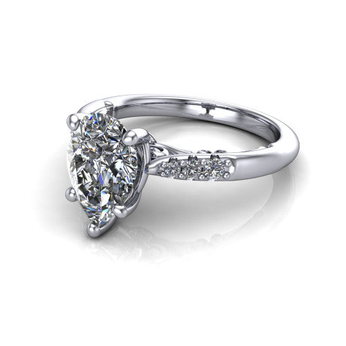 Jinnie pear classic engagement ring in Platinum, three-quarter perspective showing the four-prong center above pav&eacute; shoulders with a filigree gallery