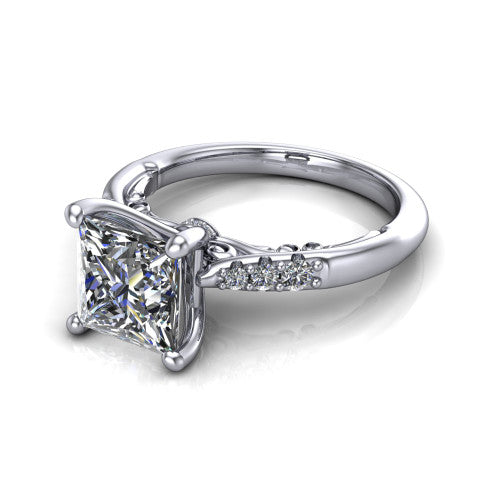 Jinnie princess classic engagement ring in Platinum, three-quarter perspective showing the four-prong center above pav&eacute; shoulders with a filigree gallery